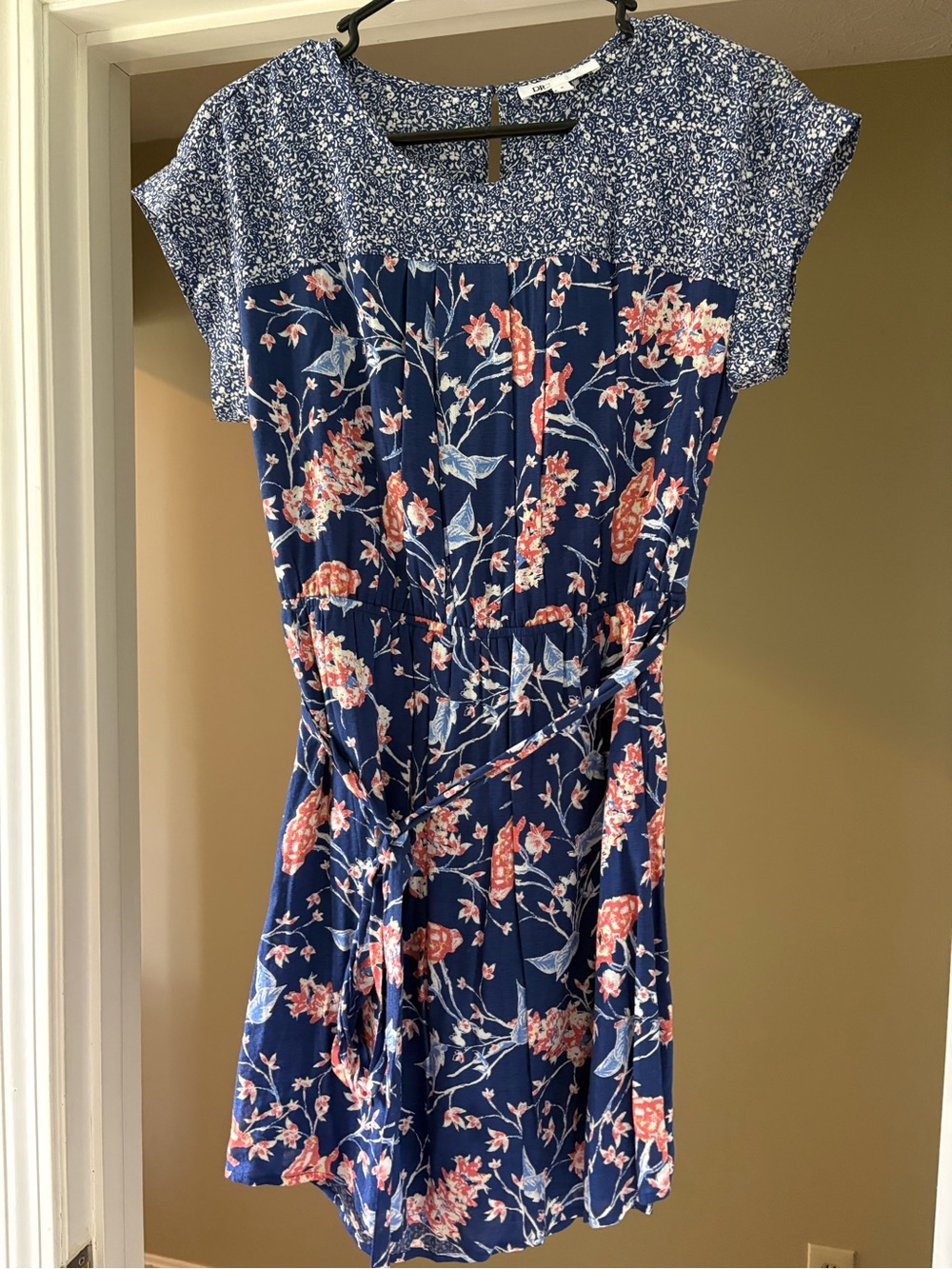 DR2 Navy Floral Mini Dress with Coral Accents